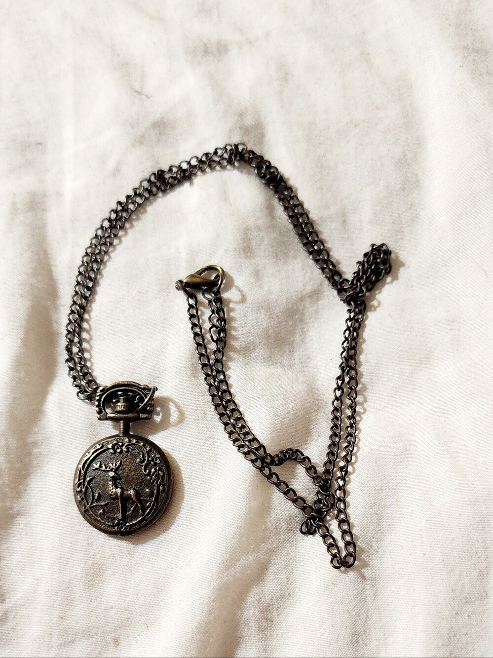 Vintage-Inspired Black Pocket Watch Style Necklace with Deer Motif